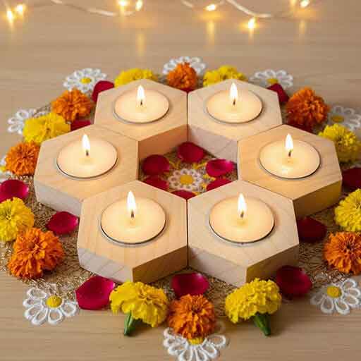 Hexagonal Wooden Diya Set - Top
